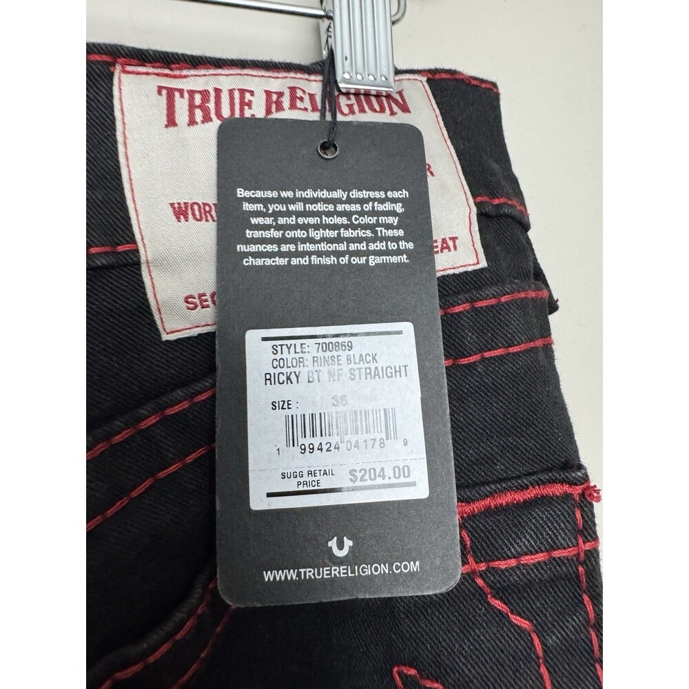 True Religion Mens Ricky Big T Jeans Size 36 Black Red Stitch Western Straight - Picture 7 of 8